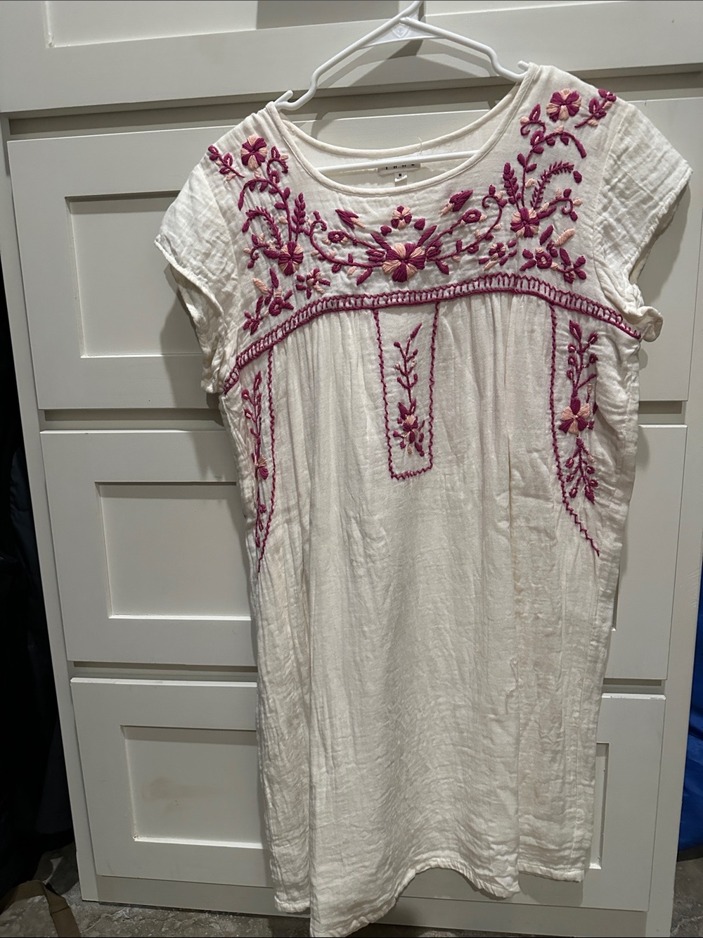 THML White Embroidered Boho Tunic Dress with Pink Floral Accents